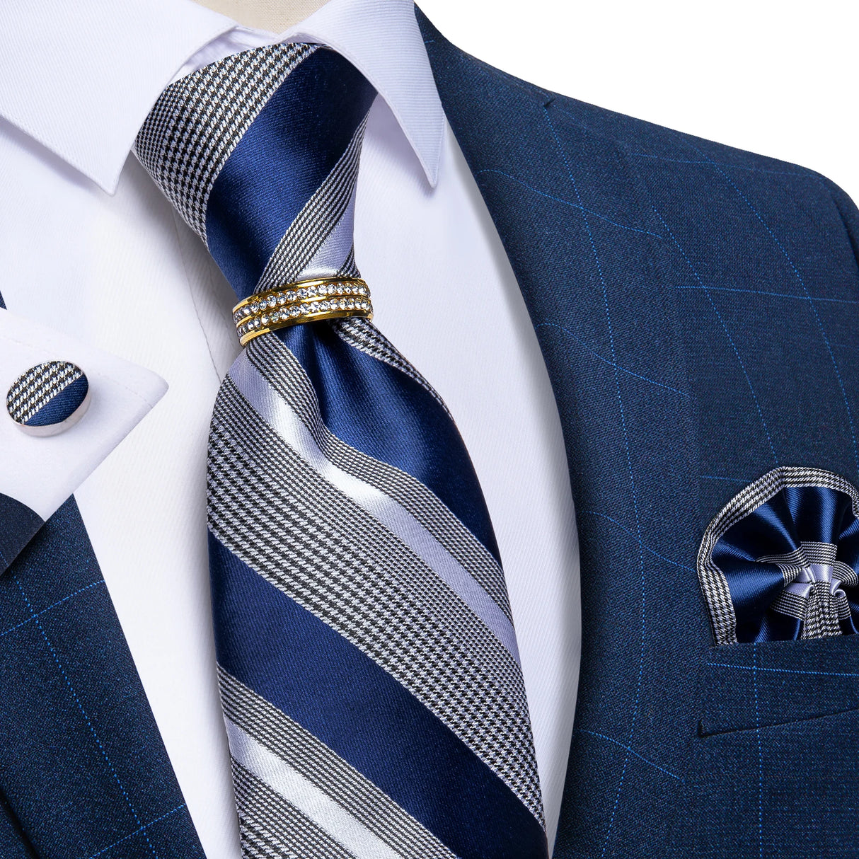 blue silver stripe pattern tie set