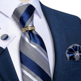 blue silver stripe pattern tie set