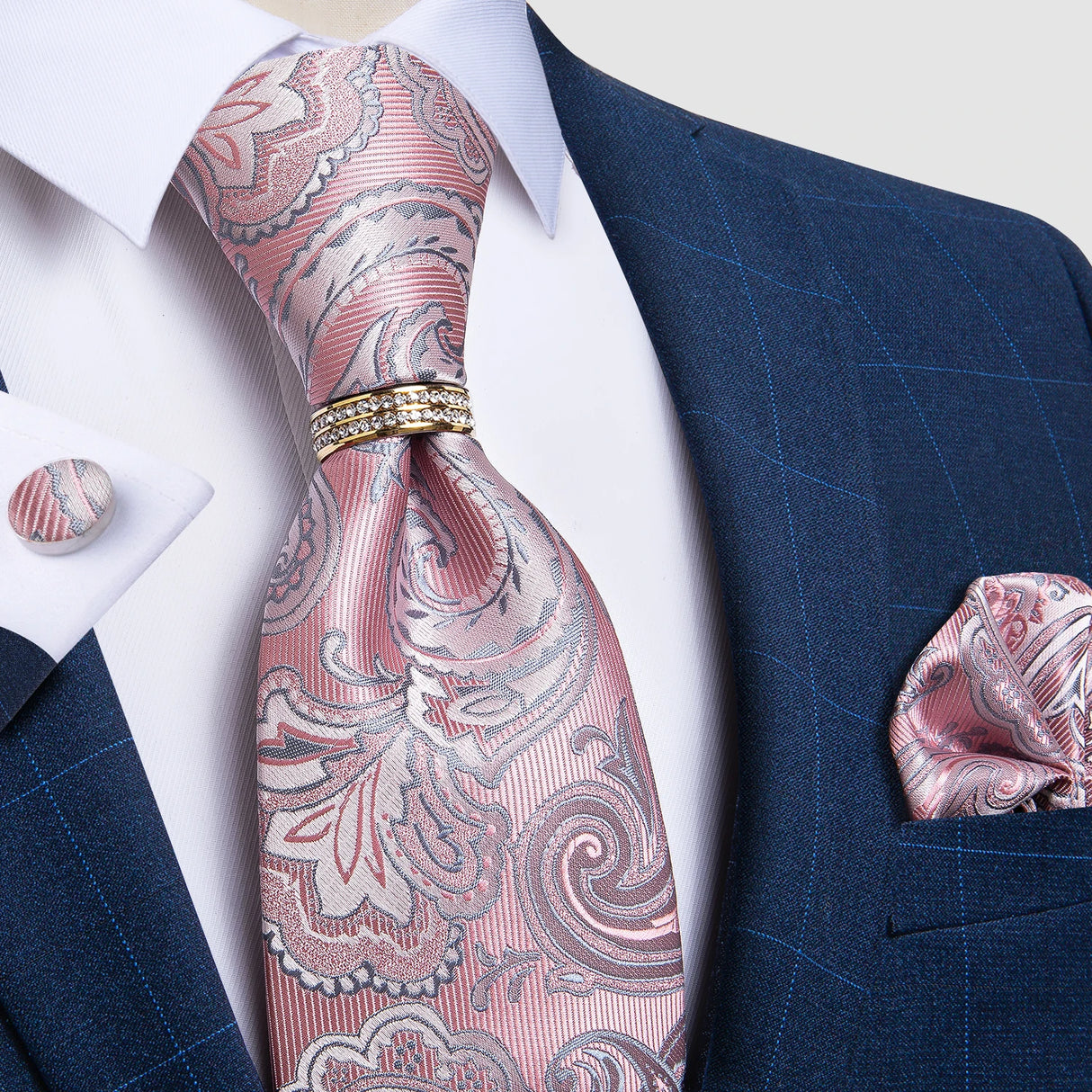 pink silver floral pattern tie set