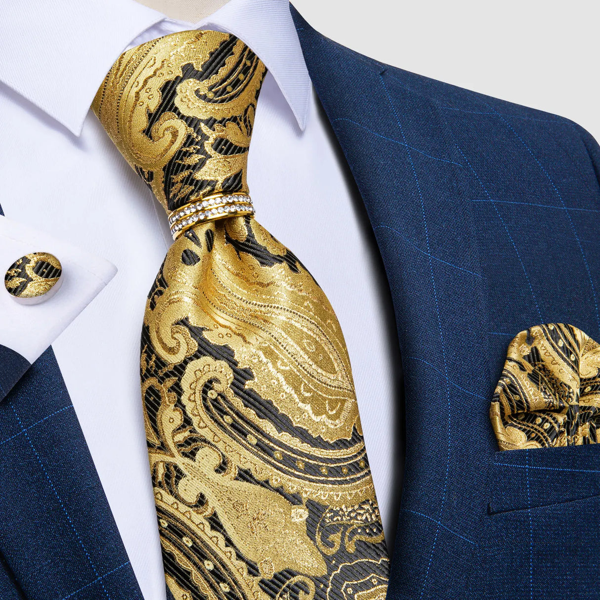 gold black floral pattern tie set
