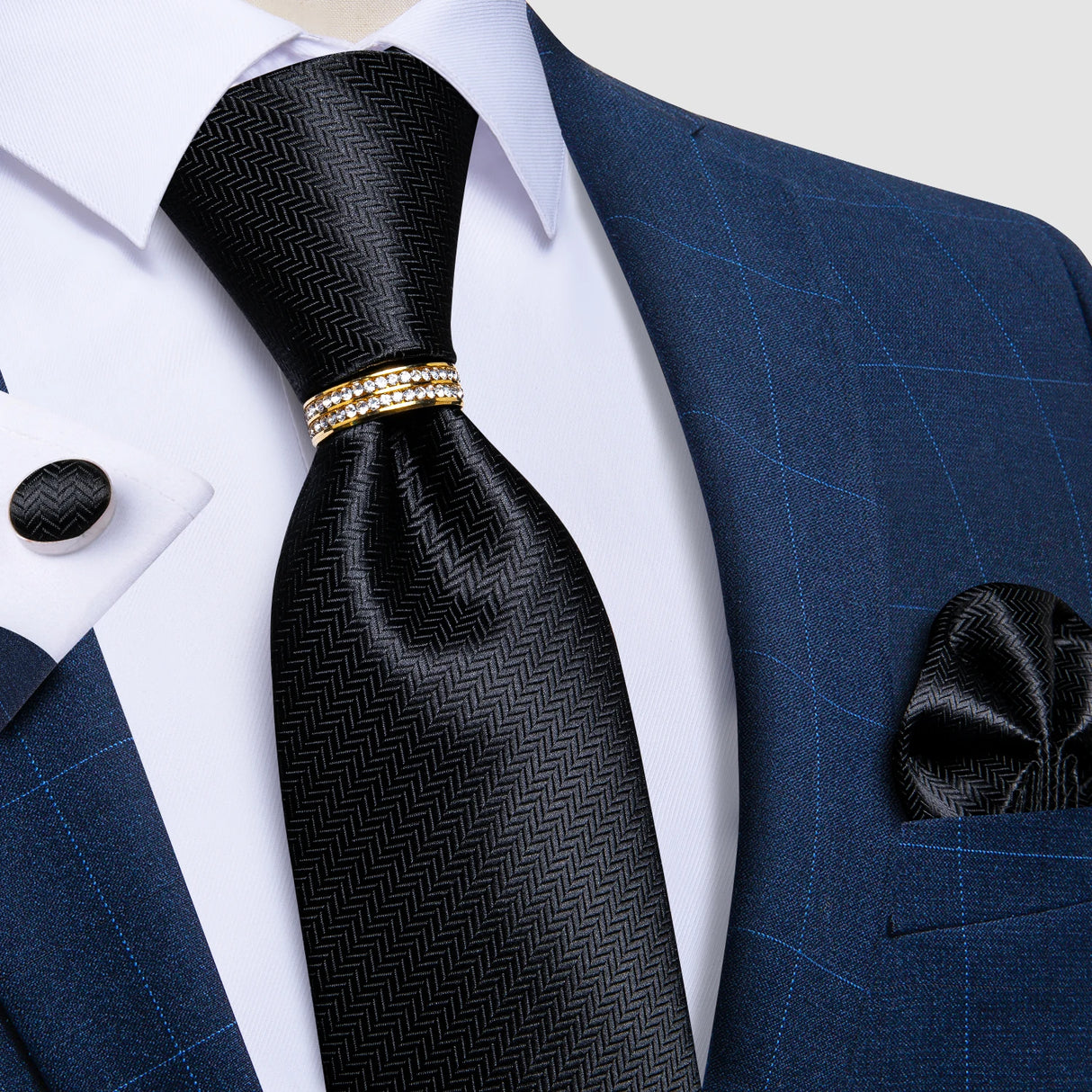 black geometric pattern tie set