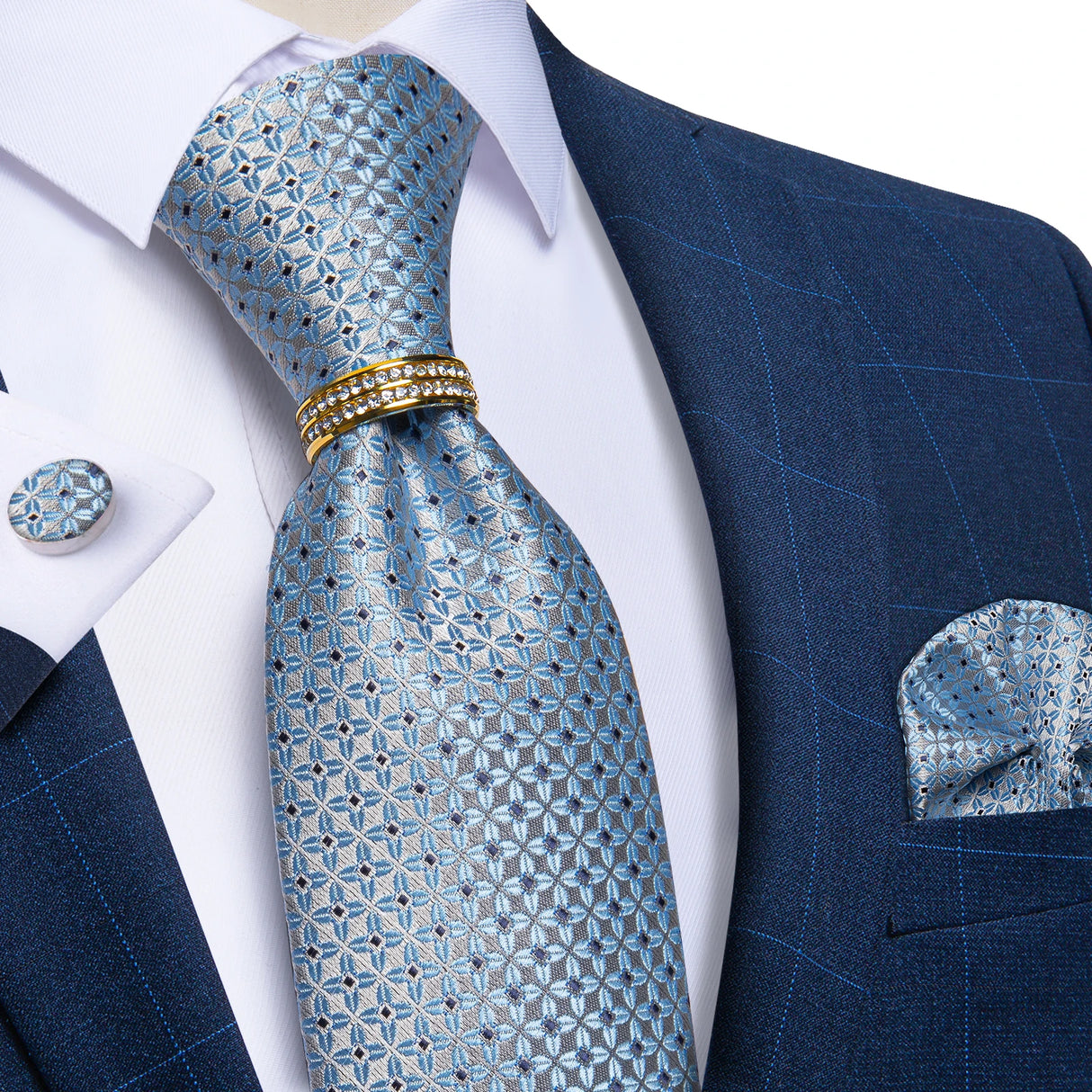 blue floral pattern tie set
