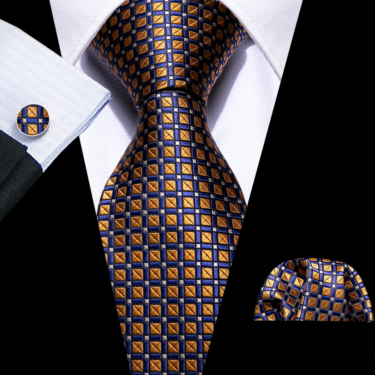 brown blue square pattern necktie set