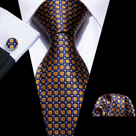 brown blue square pattern necktie set