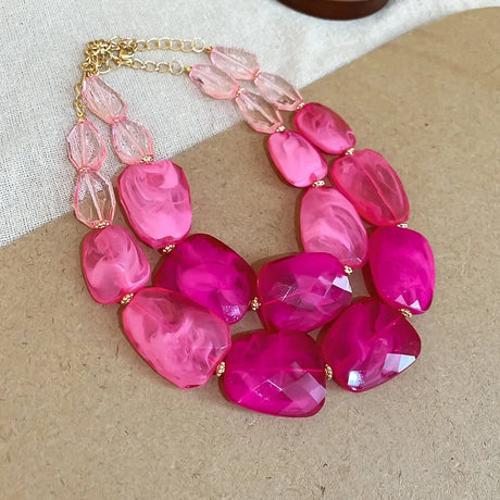 Pink Bohemian Acrylic Irregular Colorful Bead Necklaces