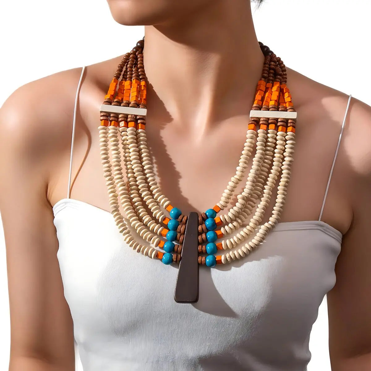 Bohemian African Style Handmade Wooden Beaded Necklace Orange