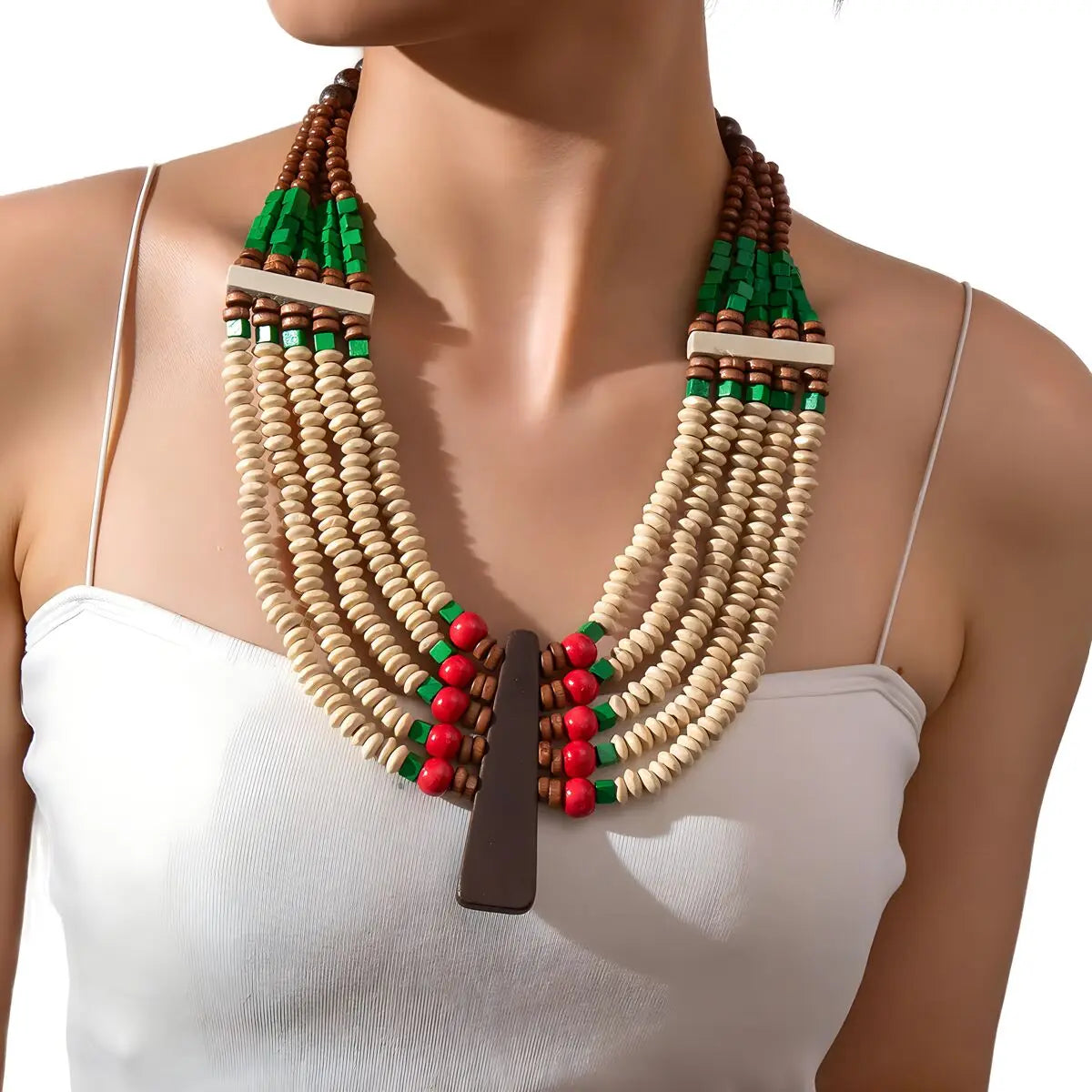 Bohemian African Style Handmade Wooden Beaded Necklace Green
