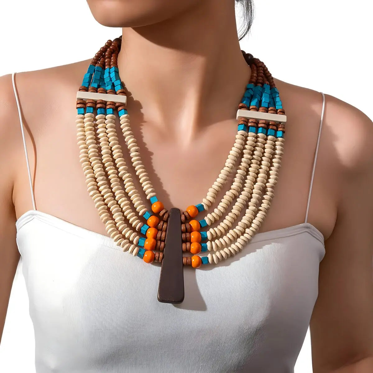 Bohemian African Style Handmade Wooden Beaded Necklace Blue