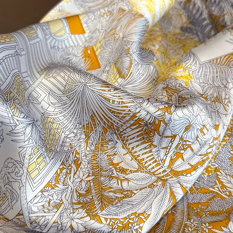 Gold Gray Bohemian Satin Head Wrap Square Silk Scarf