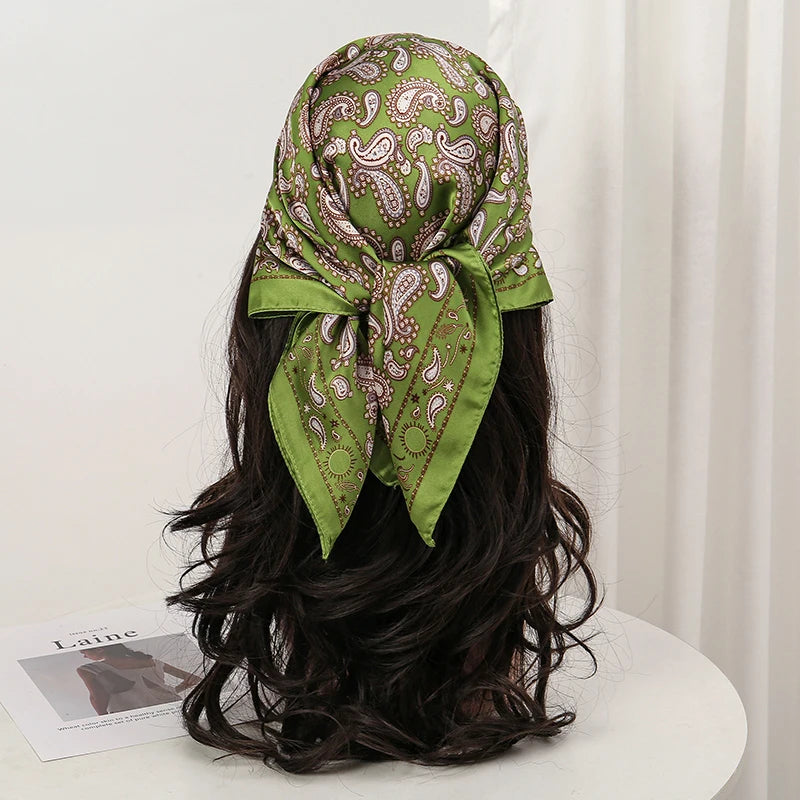 Green Bohemian Satin Head Wrap Square Silk Scarf