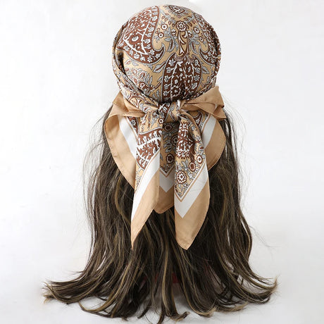 Brown Bohemian Satin Head Wrap Square Silk Scarf
