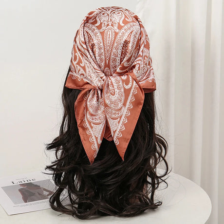 Red Bohemian Satin Head Wrap Square Silk Scarf