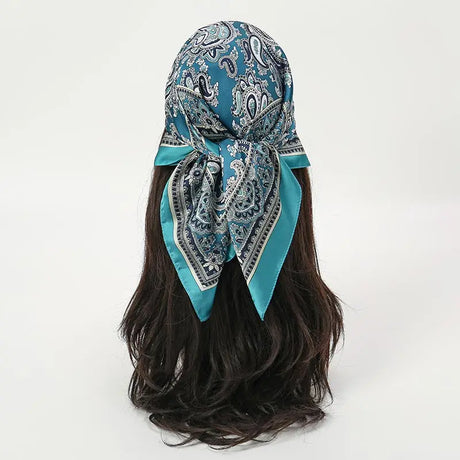 Blue Bohemian Satin Head Wrap Square Silk Scarf