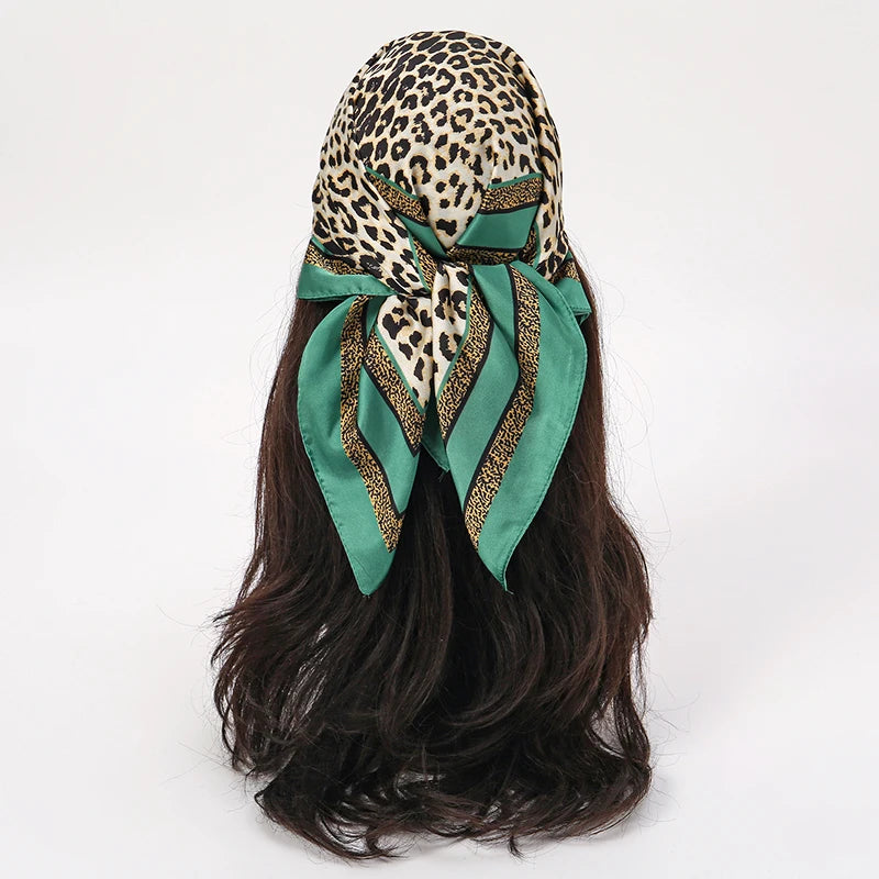 Green Brown Bohemian Satin Head Wrap Square Silk Scarf