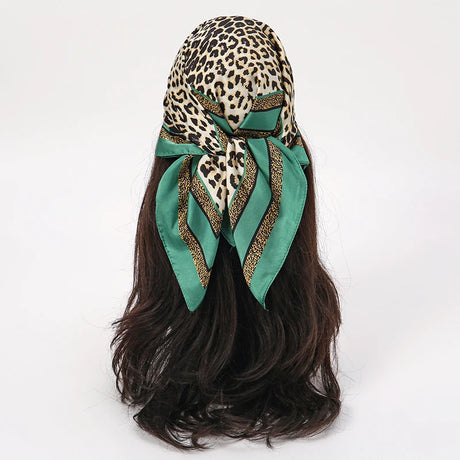 Green Brown Bohemian Satin Head Wrap Square Silk Scarf