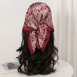 Red Bohemian Satin Head Wrap Square Silk Scarf