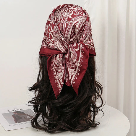 Red Bohemian Satin Head Wrap Square Silk Scarf