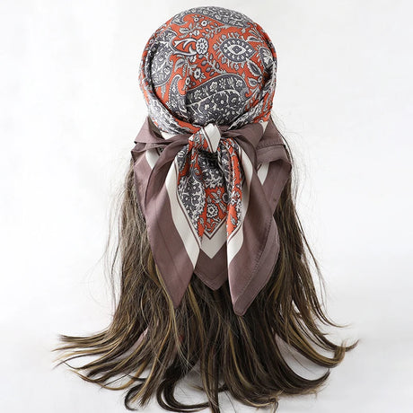 Brown Orange Bohemian Satin Head Wrap Square Silk Scarf