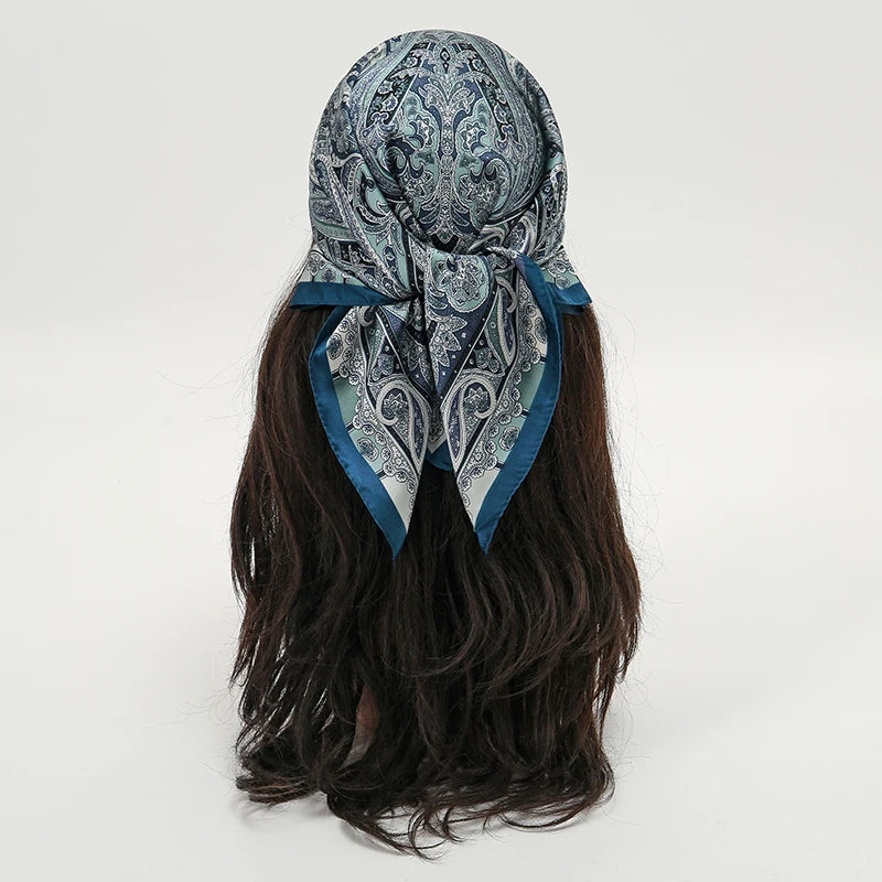Blue Bohemian Satin Head Wrap Square Silk Scarf