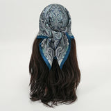 Blue Bohemian Satin Head Wrap Square Silk Scarf