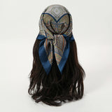 Blue Bohemian Satin Head Wrap Square Silk Scarf