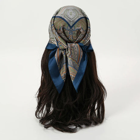 Blue Bohemian Satin Head Wrap Square Silk Scarf