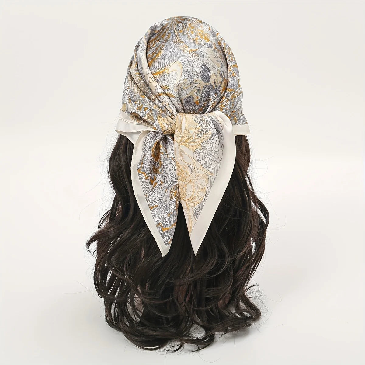 Gray Gold Bohemian Satin Head Wrap Square Silk Scarf