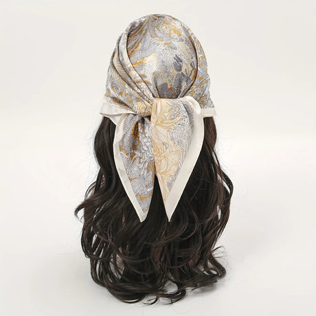 Gray Gold Bohemian Satin Head Wrap Square Silk Scarf