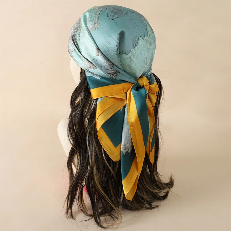 Green Yellow Bohemian Satin Head Wrap Square Silk Scarf