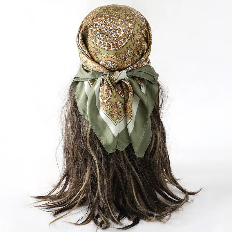 Brown Green Bohemian Satin Head Wrap Square Silk Scarf