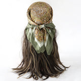 Brown Green Bohemian Satin Head Wrap Square Silk Scarf