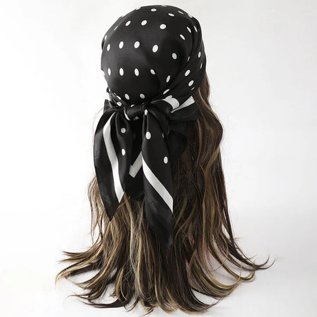 Black White Bohemian Satin Head Wrap Square Silk Scarf
