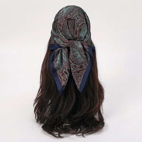 Blue Bohemian Satin Head Wrap Square Silk Scarf