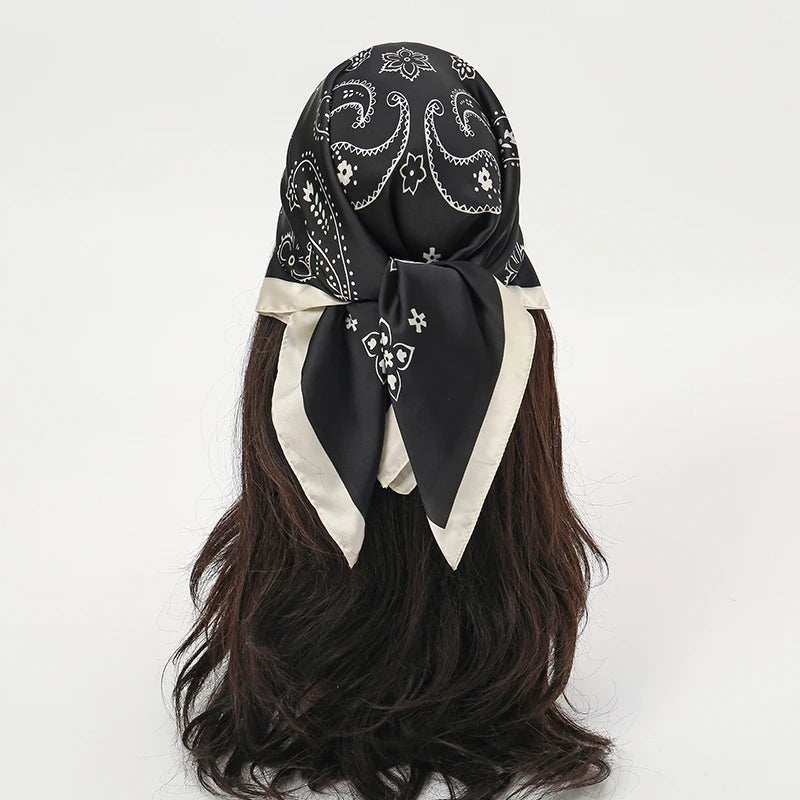 Black Bohemian Satin Head Wrap Square Silk Scarf