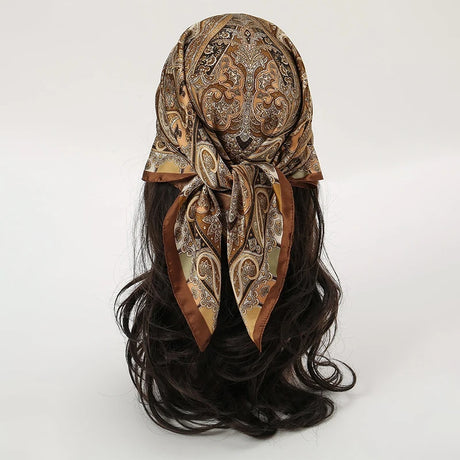 Brown Bohemian Satin Head Wrap Square Silk Scarf
