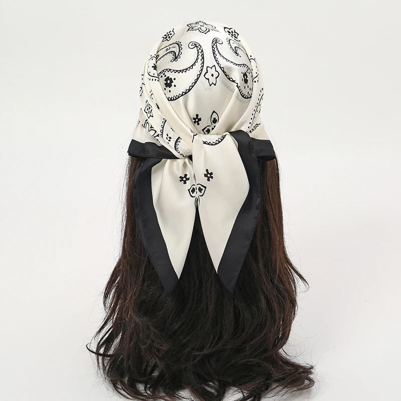 White Black Bohemian Satin Head Wrap Square Silk Scarf