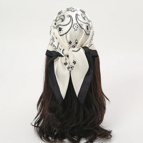 White Black Bohemian Satin Head Wrap Square Silk Scarf