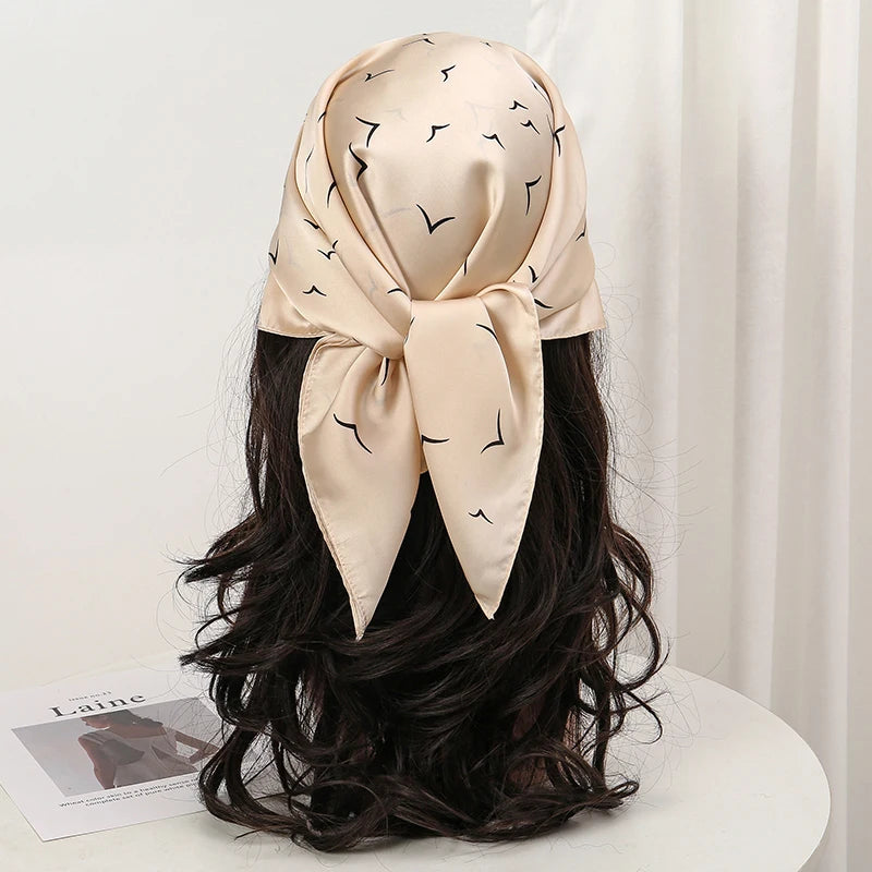 Beige Bohemian Satin Head Wrap Square Silk Scarf