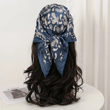 Blue Bohemian Satin Head Wrap Square Silk Scarf