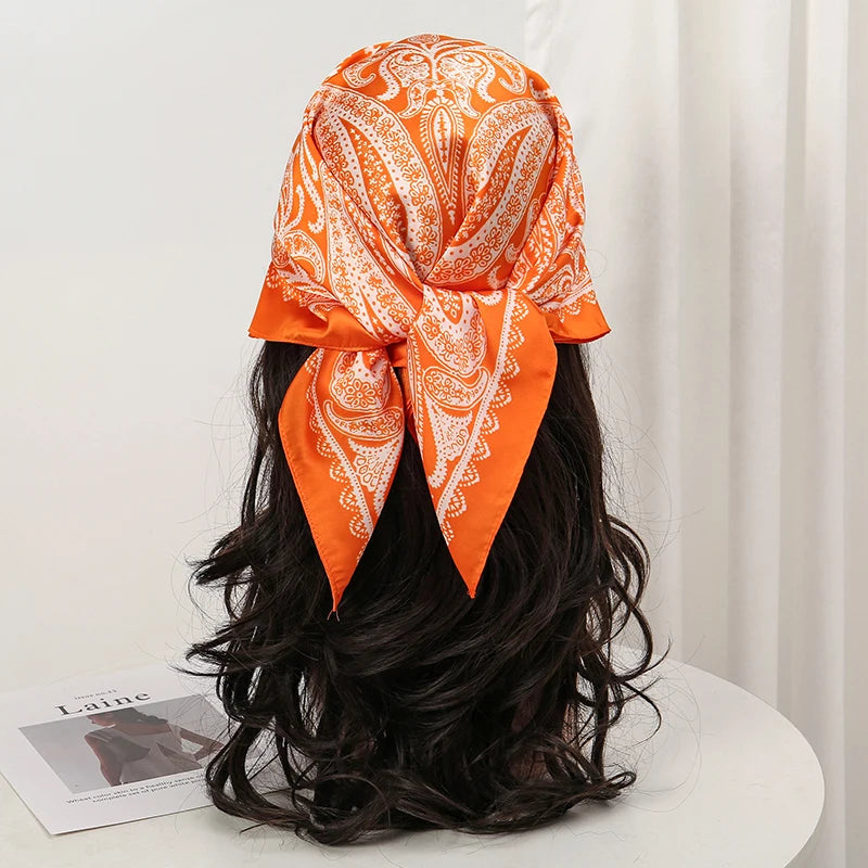 Orange Bohemian Satin Head Wrap Square Silk Scarf