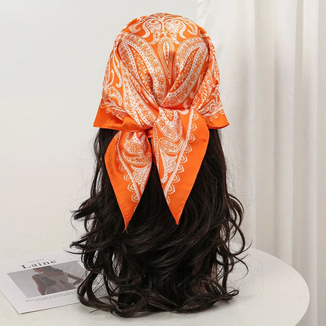 Orange Bohemian Satin Head Wrap Square Silk Scarf