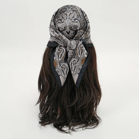 Gray Black Bohemian Satin Head Wrap Square Silk Scarf