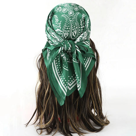 Green Bohemian Satin Head Wrap Square Silk Scarf