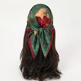 Red Green Bohemian Satin Head Wrap Square Silk Scarf
