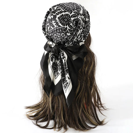 White Black Bohemian Satin Head Wrap Square Silk Scarf