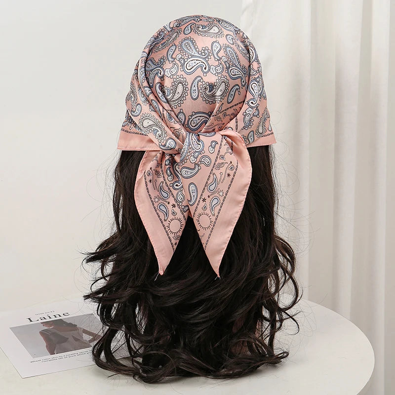 Pink Gray Bohemian Satin Head Wrap Square Silk Scarf