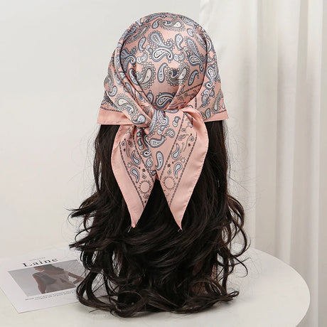 Pink Gray Bohemian Satin Head Wrap Square Silk Scarf