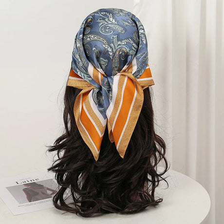 Blue Orange Bohemian Satin Head Wrap Square Silk Scarf