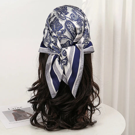 Blue Gray Bohemian Satin Head Wrap Square Silk Scarf