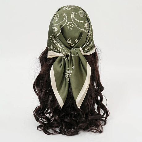 Green Bohemian Satin Head Wrap Square Silk Scarf